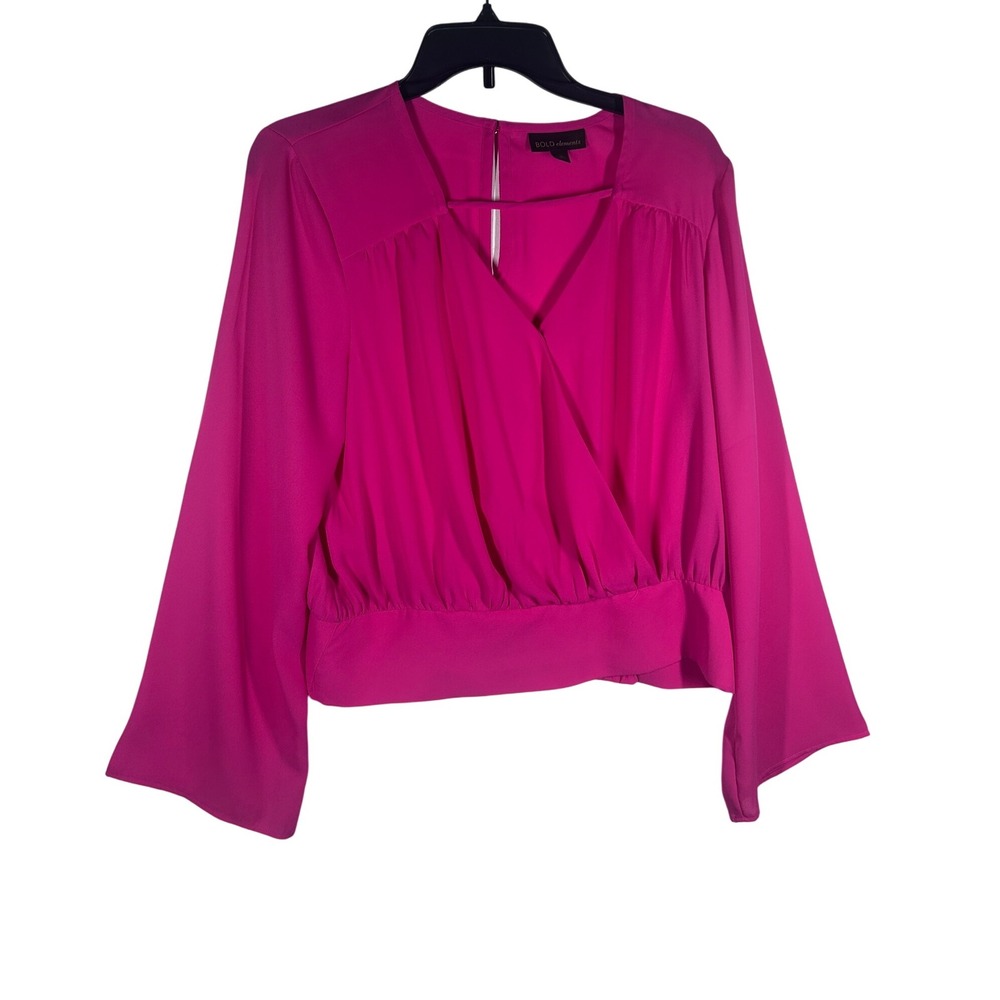Bold Elements Women's Blouse‎ Top, Size L, Long Sleeve, Pink Surplice NEW